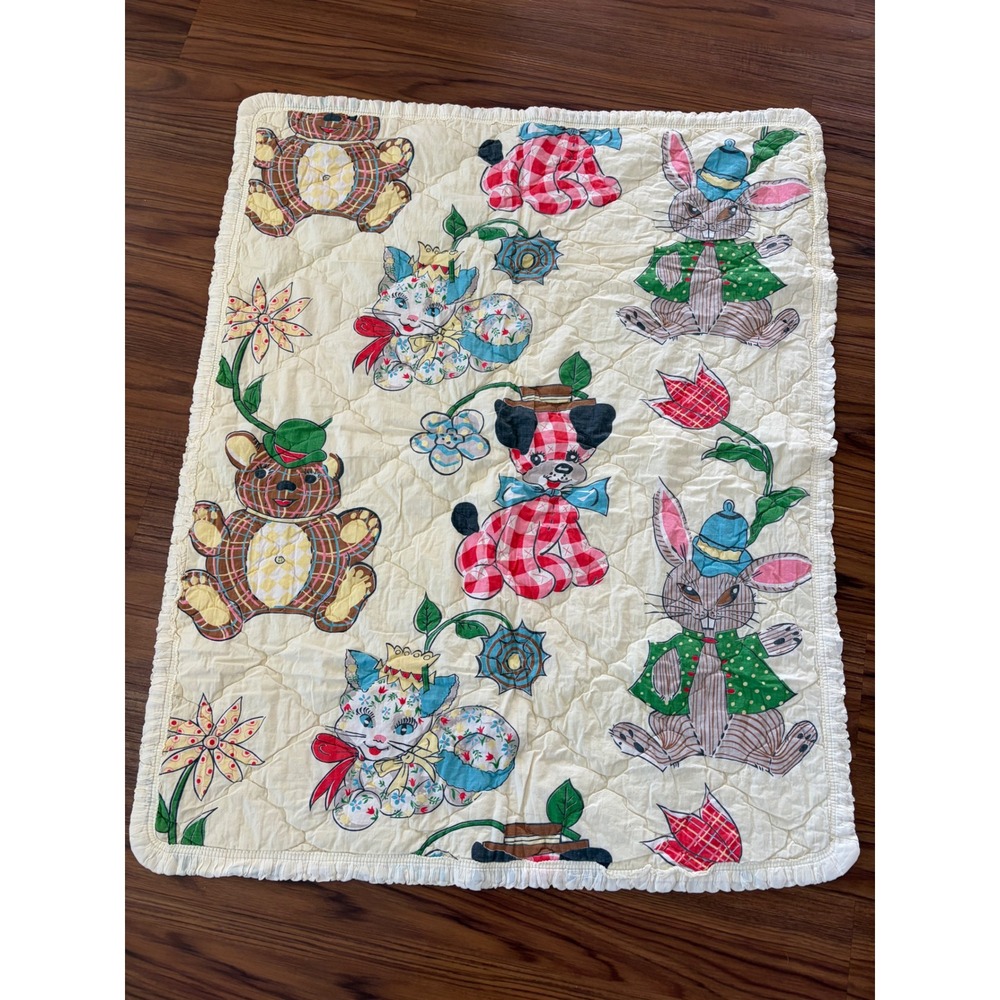 Vintage Quilted Baby Crib Blanket Animals Bear Bunny Cat Dog Ruffled Trim
